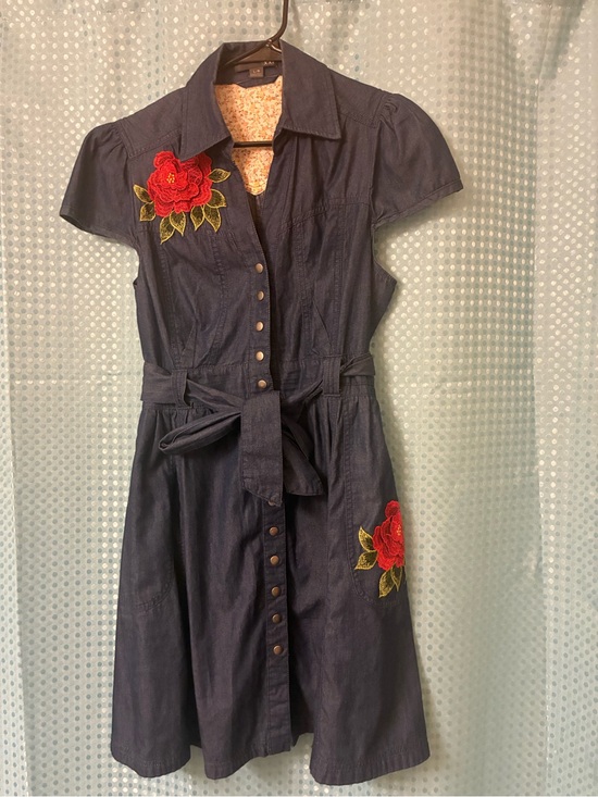 Dresses & Skirts - Women’s denim Shirt Dress with up-cycled Red Rose Embroidery